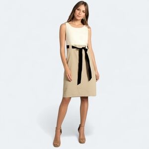 #113 Linen Style Cream and Tan Dress with Black Accents